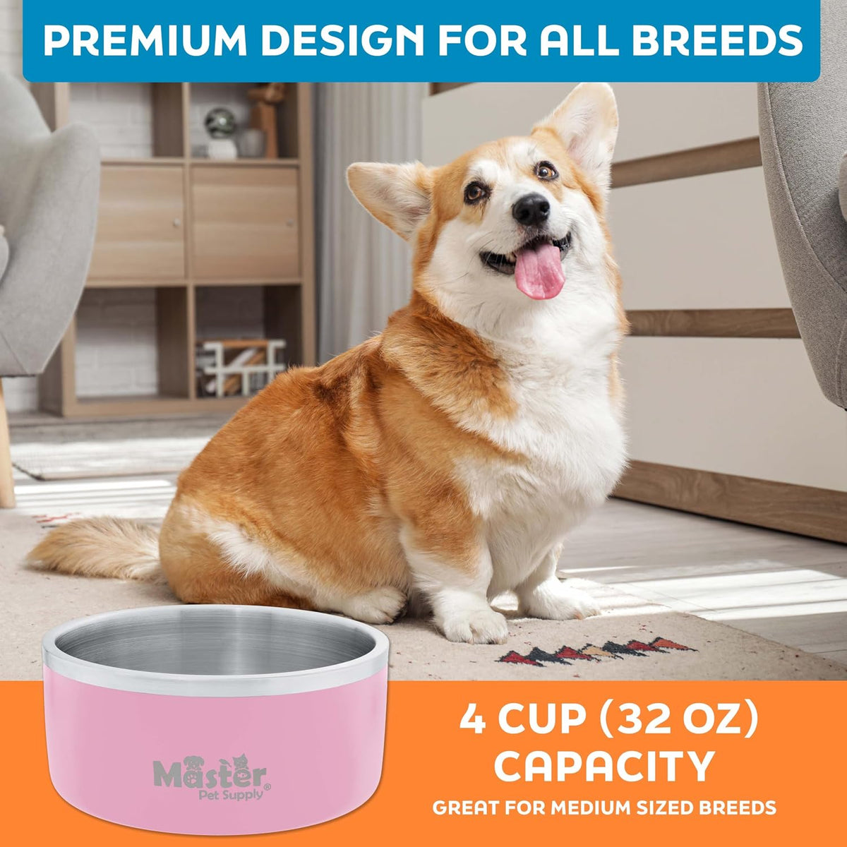 Master Pet Supply Stainless Steel Dog Bowls 128 oz Heavy Duty Aqua Sky – Essentials for Dogs - Rose Quartz / 4 Cups (32 oz) - image 4