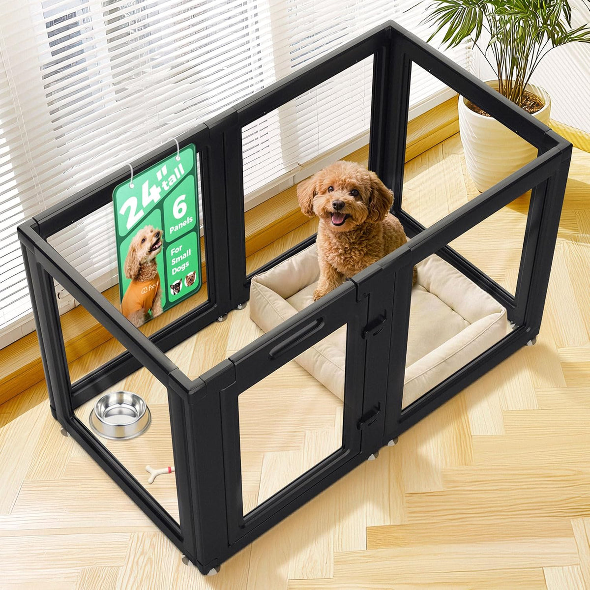 FXW AuraSpace Clear Acrylic Indoor Dog Playpen, 24" H - Black / 24"H / 6 Panels