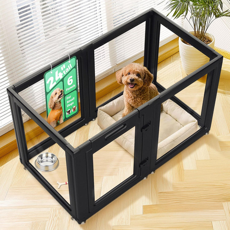 FXW AuraSpace Clear Acrylic Indoor Dog Playpen, 24" H - Black / 24"H / 6 Panels