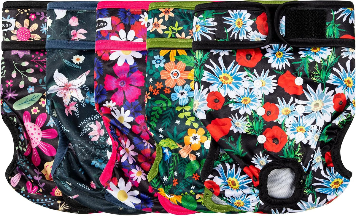 Tuiskusa Reusable Washable Dog Diapers Female - Flowers 5-Pack / Large