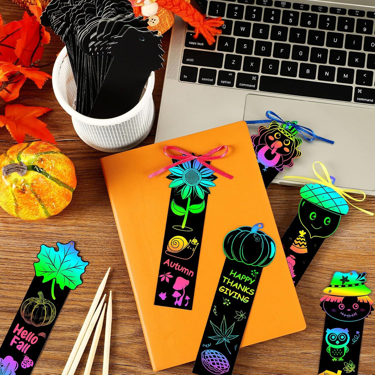 AUGSUN fall rainbow scratch art bookmarks with pumpkin and leaf designs - view 21