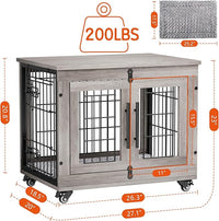 Lulive Small Dog Crate Furniture, Dog Kennel Indoor Double Doors Wooden Dog Cage, 27.1'' Heavy Duty Dog Crate with Cushion & Wheels, Decorative End Table Pet House Chew-Resistant for Small Dogs, Grey