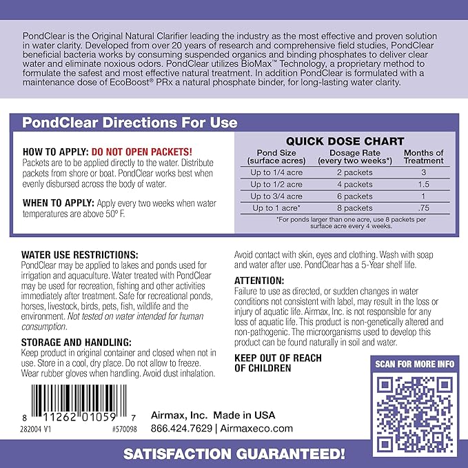 Airmax PondClear Packets, Beneficial Bacteria & Enzyme Clarifier Treatment with Ecoboost PRx, Clear & Clean Pond & Lake Water, Safe for Fish, 96 Count
