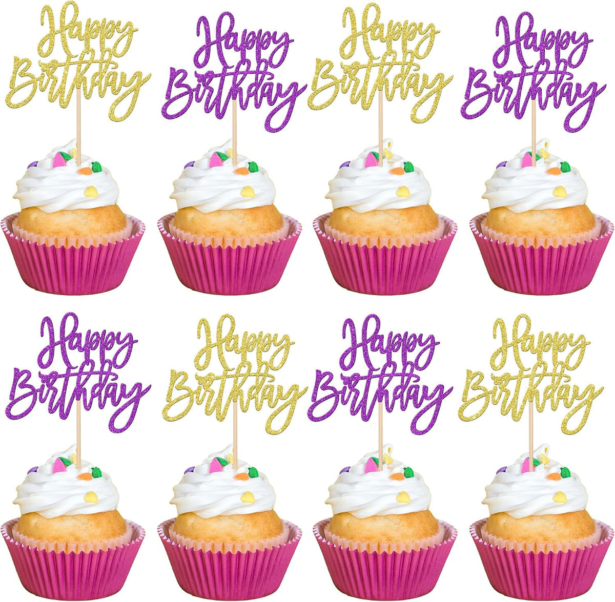 24 PCS Happy Birthday Cupcake Toppers Glitter Picks for Celebrating - Gold Purple