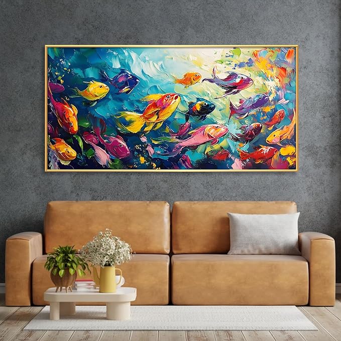 School of Fish Printed Canvas Wall Art – Framed Abstract Ocean Print – Vibrant Fish Wall Decor for Living Room, Bedroom, Office (Gold Framed, 62"x31"|160x80cm)