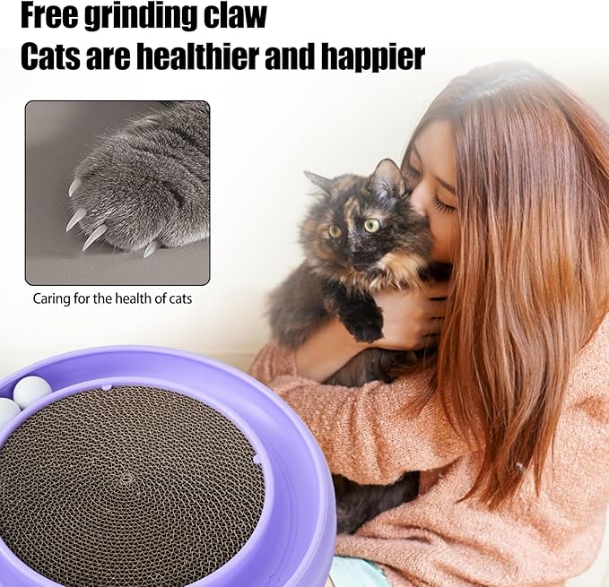 Interactive Cat Scratcher with Two Rotating Balls,Durable Scratch Pad for Indoor Play,Cardboard Cat Scratcher Pad with Cat Toy Ball Track and Catnip,2-in-1 Cat Toy (Purple)