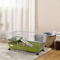 PawHut 35" L Small Animal Cage, Rolling Bunny Cage, Guinea Pig Cage with Food Dish, Water Bottle, Hay Feeder, Platform, Ramp for Chinchilla, Green