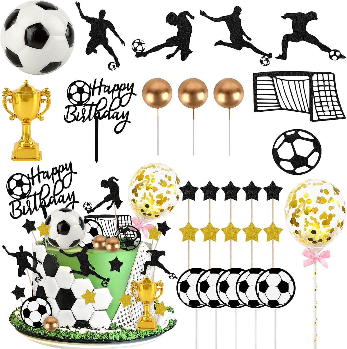 44PCS Halloween Cake Toppers with Spider Bat Castle Pumpkin Skull - Soccer