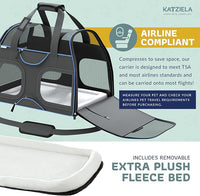 Katziela Pet Carrier - Airline Approved Dog Carrier - TSA Approved Pet Carrier for Small Dogs and Cats - Soft FAA Travel Airplane Dog Carrier Luggage (Black/Blue)
