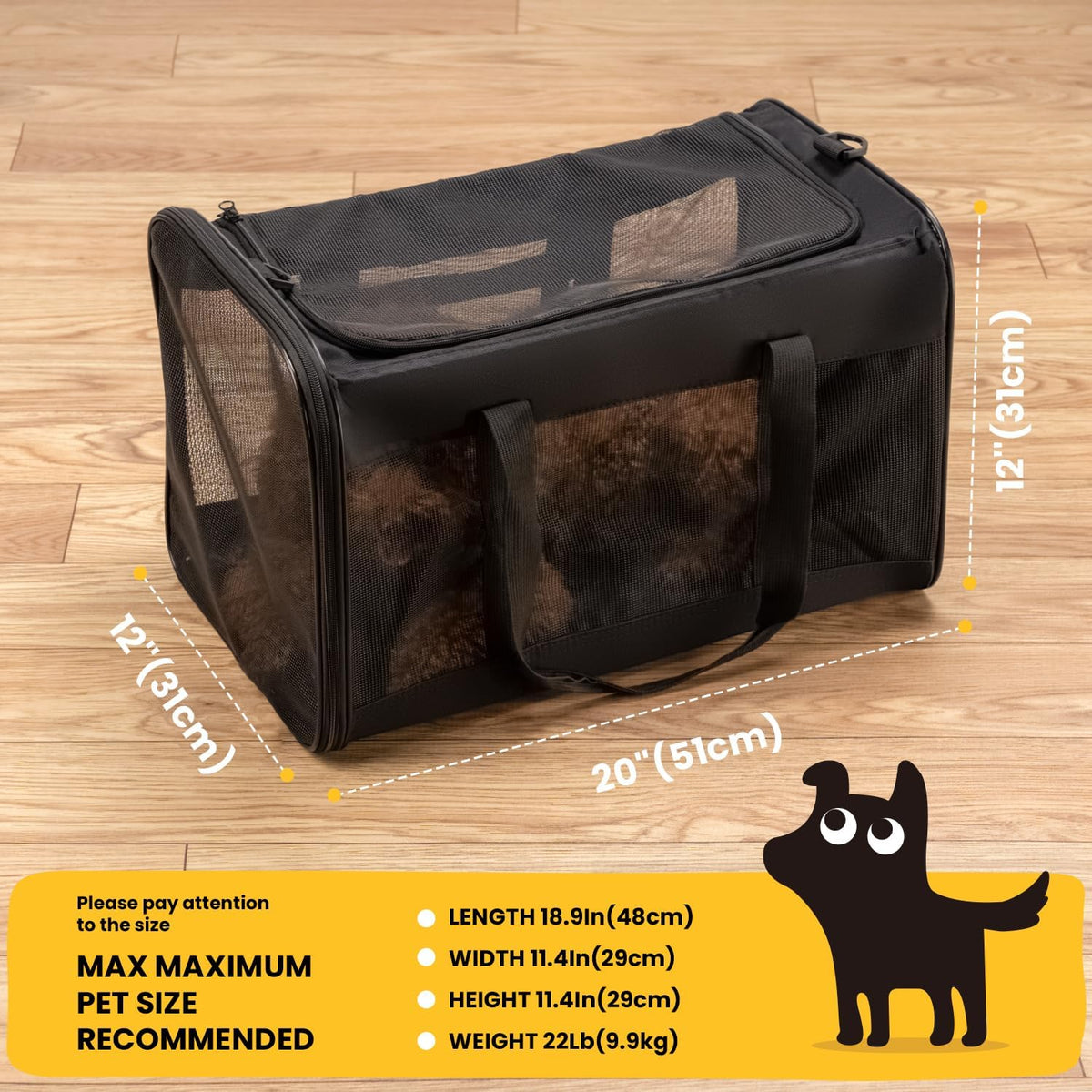 Conlun Cat Carrier Bag, Soft-Sided Pet Carriers for Dogs, M - 20.0"L x 12.0"W x 12.0"H / Black - image 2