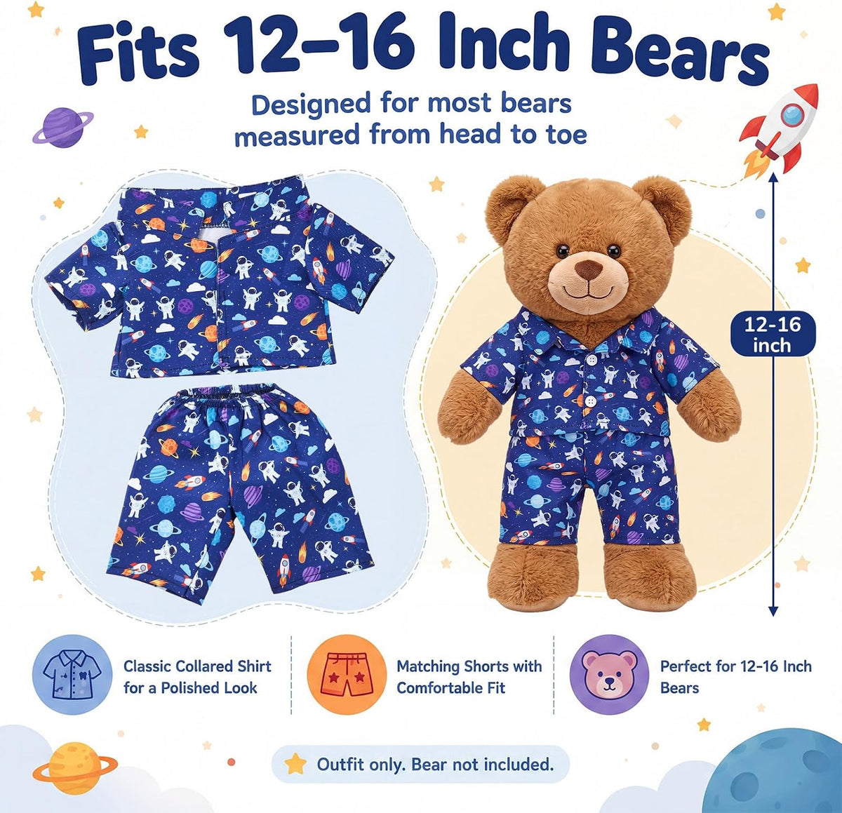 2 Pcs Rainbow PJ's Bear Clothes Outfit Stuffed Animal - Space / Blue - image 2