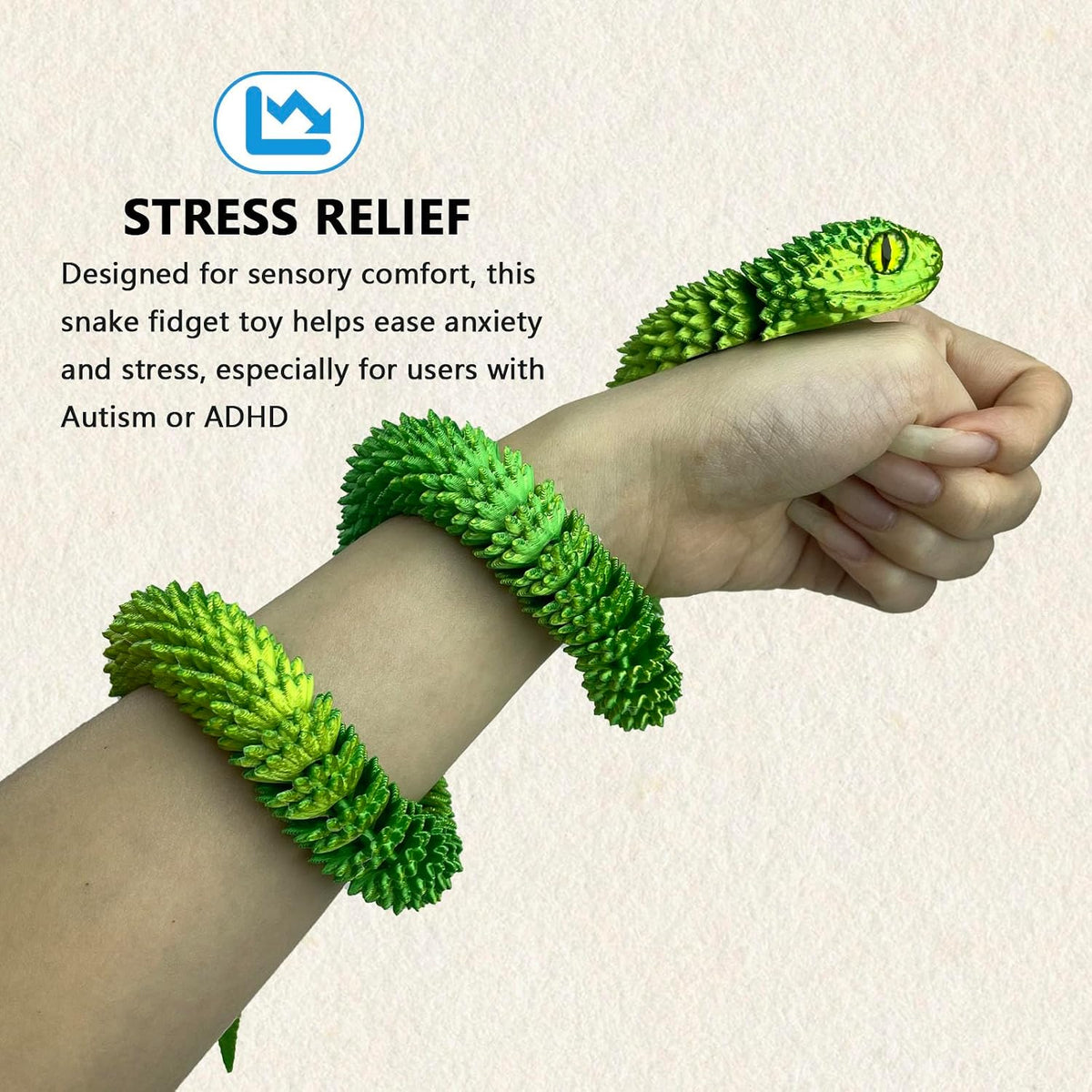 24in 3D Printed Snake Toys, Flexible 3D Printed Animal - Yellow Green / 24in - image 2