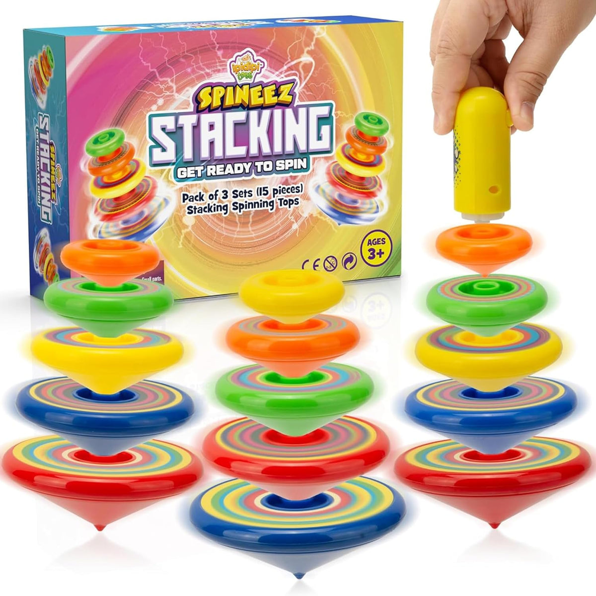 IPIDIPI TOYS Spineez stacking spinning tops for kids, three colorful 5-piece tops