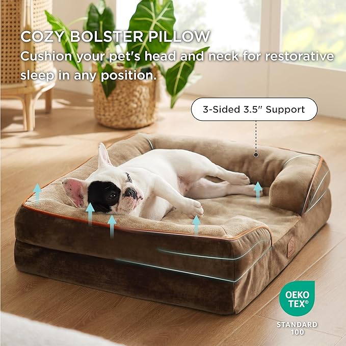 Bedsure Orthopedic Dog Bed Medium Size Dogs - Washable Medium Dog Cat Bed Waterproof, Comfort Pet Couch Sofa with Washable Removable Cover, Pets Bed with Nonskid Bottom, Brown, 28"
