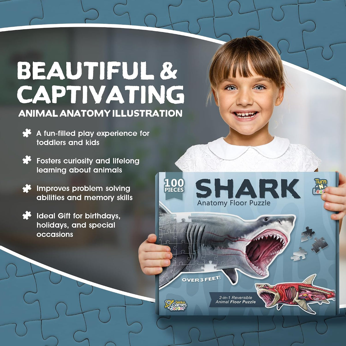 Genius Games shark anatomy floor puzzle showing a great white shark and its anatomy - view 18
