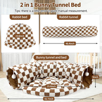 Bunny Tunnel Bed, 2-in-1 Collapsible Rabbit Tunnel Hideout with Mat – Essentials for Small Pets - Brown Checks - image 2