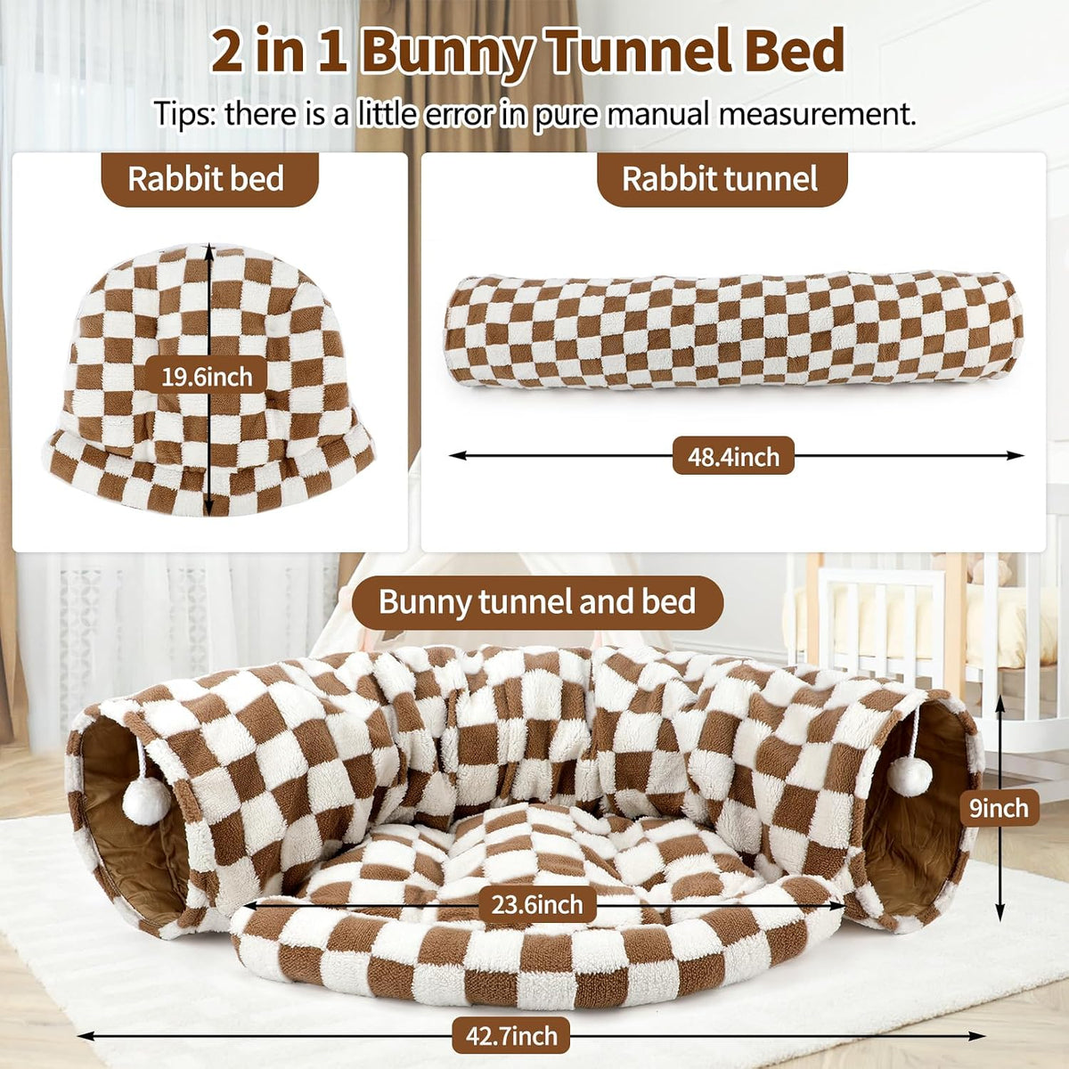 Bunny Tunnel Bed, 2-in-1 Collapsible Rabbit Tunnel Hideout with Mat – Essentials for Small Pets - Brown Checks - image 2
