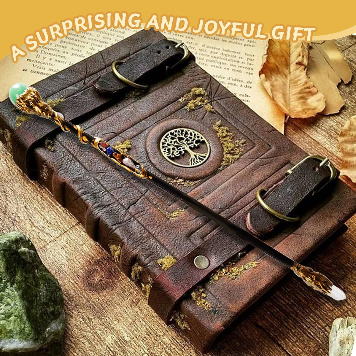 Rich Boxer handcrafted crystal magic wand in wood with gemstone accents, 13.5 inches - view 4