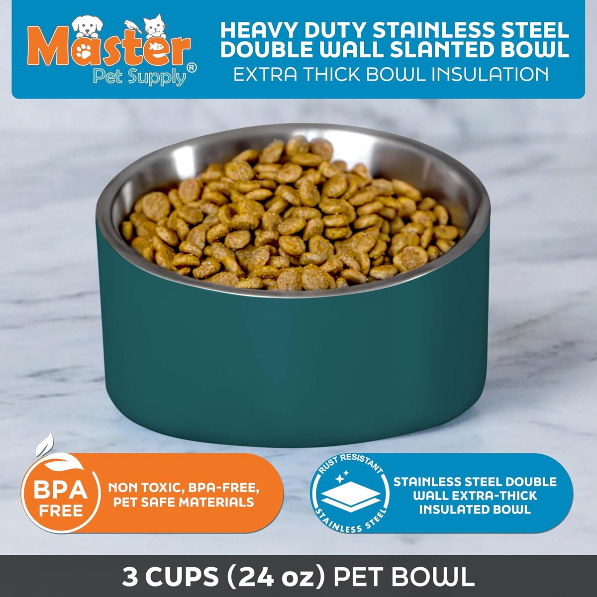 Master Pet Supply Stainless Steel Slanted Dog Cat Food Bowl 24 oz - Emerald Sea / 3 Cups (24 oz) - image 3