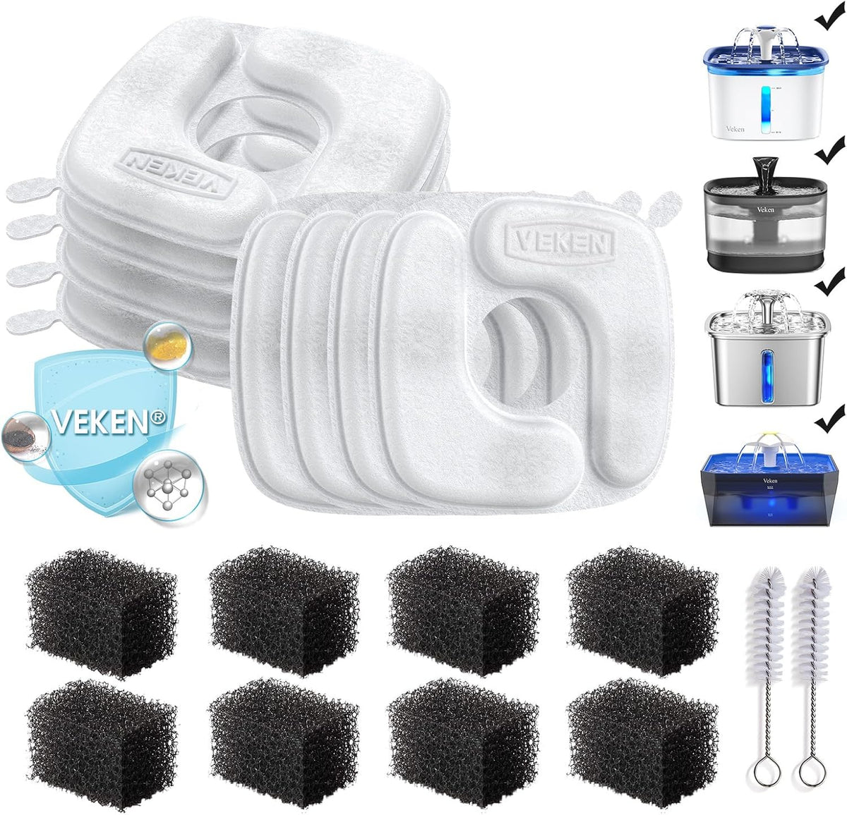 Veken Cat Water Fountain Filters, F1 Series - 8 Filters+8 Sponges (4 month supply)