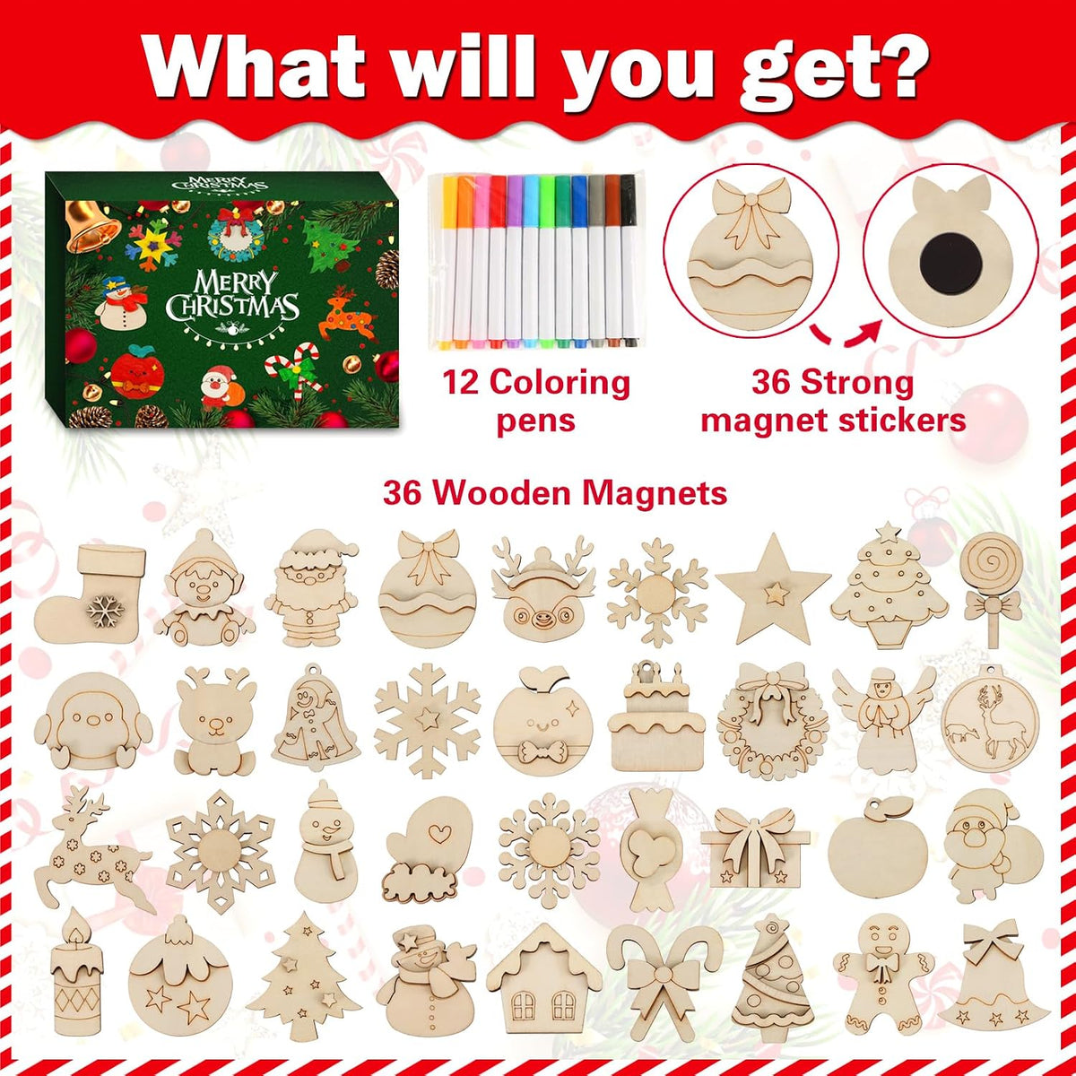 Worgree DIY wooden Christmas magnets craft kit with trees, ornaments, snowflakes and colored pens - view 2