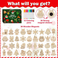 Worgree DIY wooden Christmas magnets craft kit with trees, ornaments, snowflakes and colored pens - view 2
