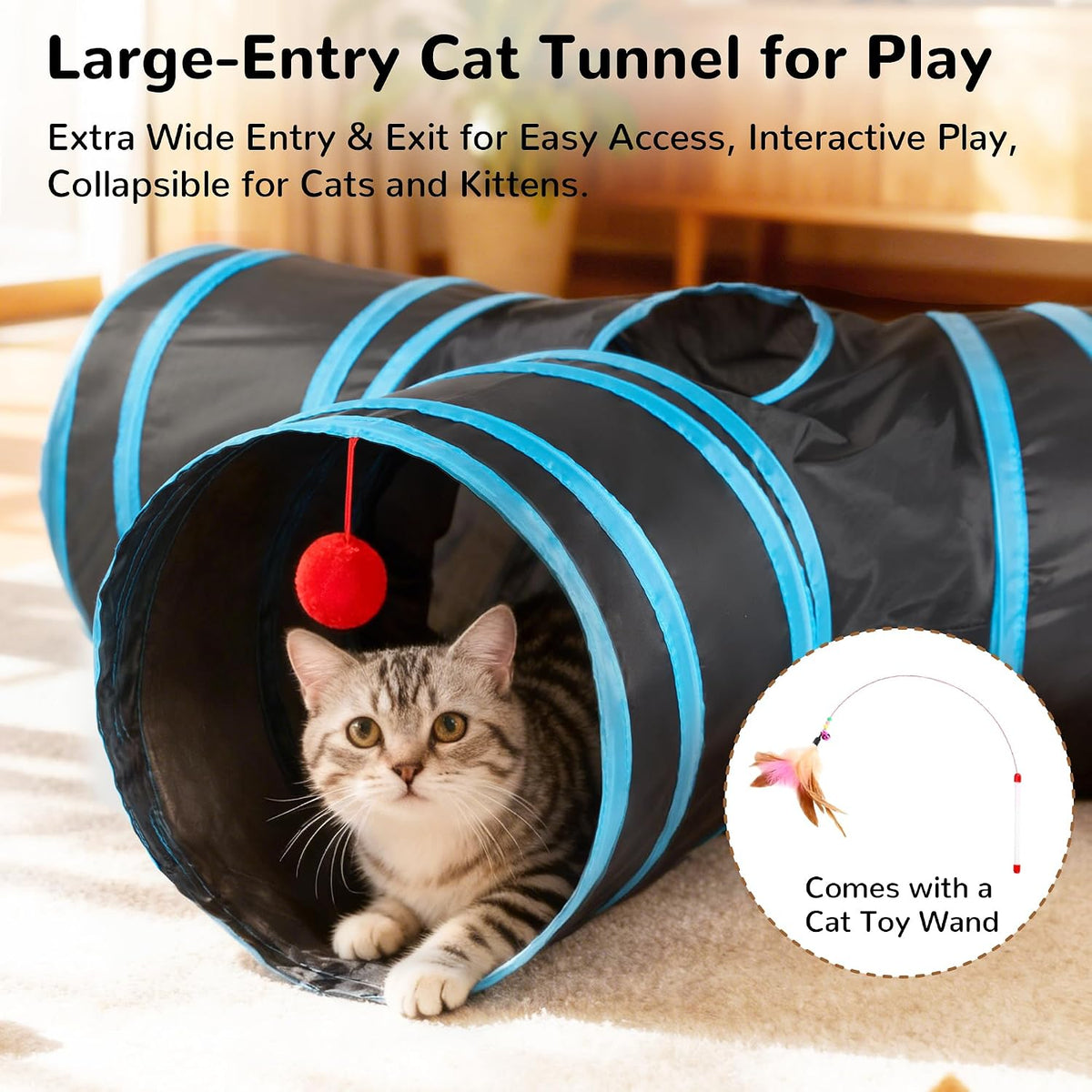 Tempcore Cat Tunnel, 3-Way Collapsible Toy for Indoor Cats - Black & Blue / Small - image 4