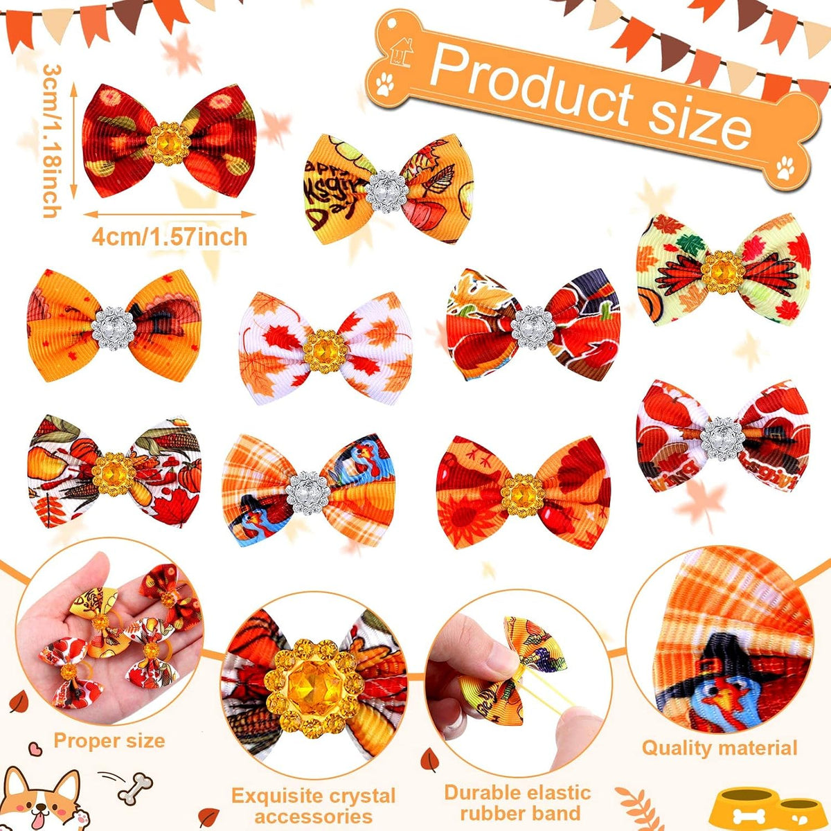 Tondiamo 100 Pack Halloween Dog Hair Bows Ghost Pattern Rubber Bands – Essentials for Dogs - Pumpkin Pattern - image 3