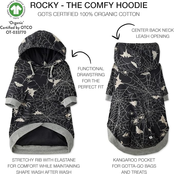 Rocky – The Orginal Lightweight Hooded TEE 100% Organic Cotton Dog Hoodie Pet Coat Sweater for Small, Medium, Large Dogs, Batty Black, Large