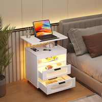 HNEBC Nightstand with Wireless Charging Station, LED Nightstand Has Adjustable Rotary Workstation,Smart Night Stand with 2 Drawers,Modern Bedside Table for Bedroom, Sensor Light/Wheel (White)