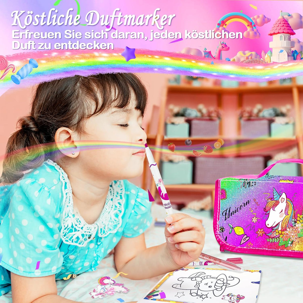 weirtoya 56 PCS Washable Scented Markers Set with Glitter Pencil Case - Rainbow Unicorn - image 4