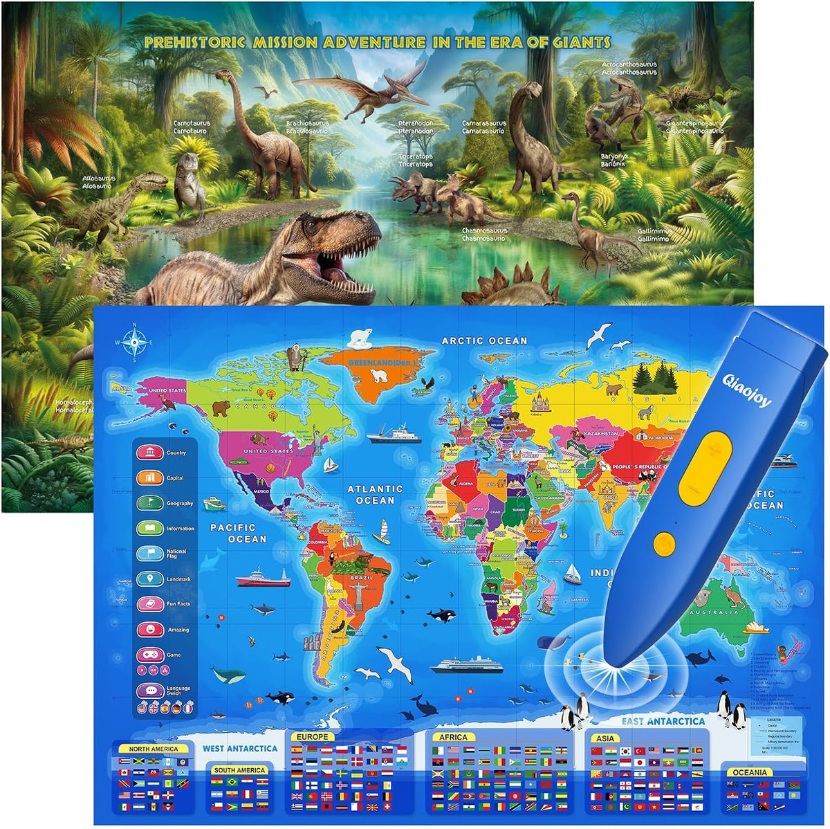 Qiaojoy Bilingual Interactive World Map for Kids Learning Educational - World Map & Dinosaur Poster