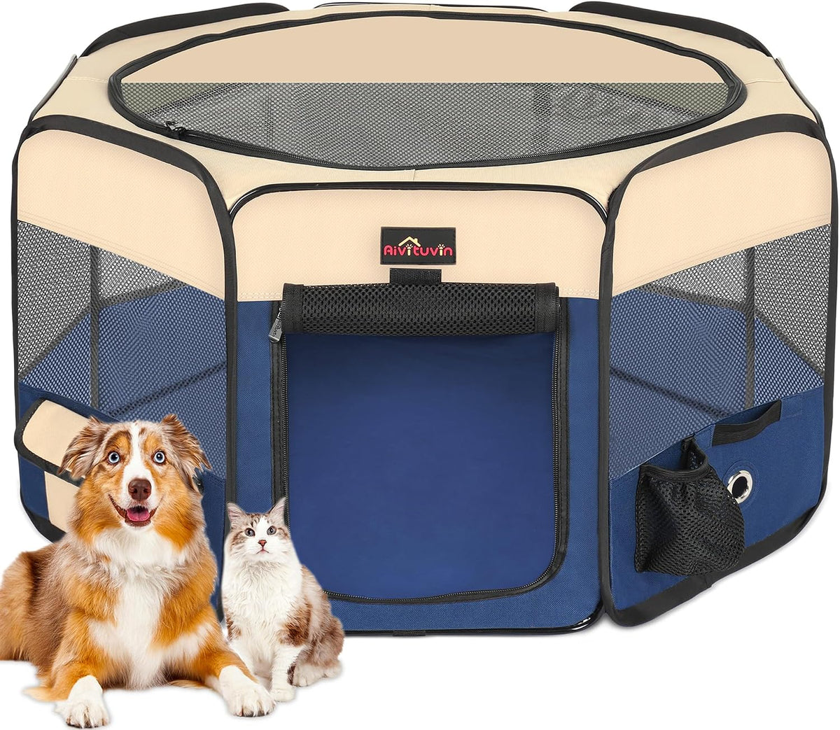 Aivituvin Dog Playpen, Foldable Pet Play Pens with Carrying Bag for Cat, Puppies, Rabbits, Portable - XL / BLUE
