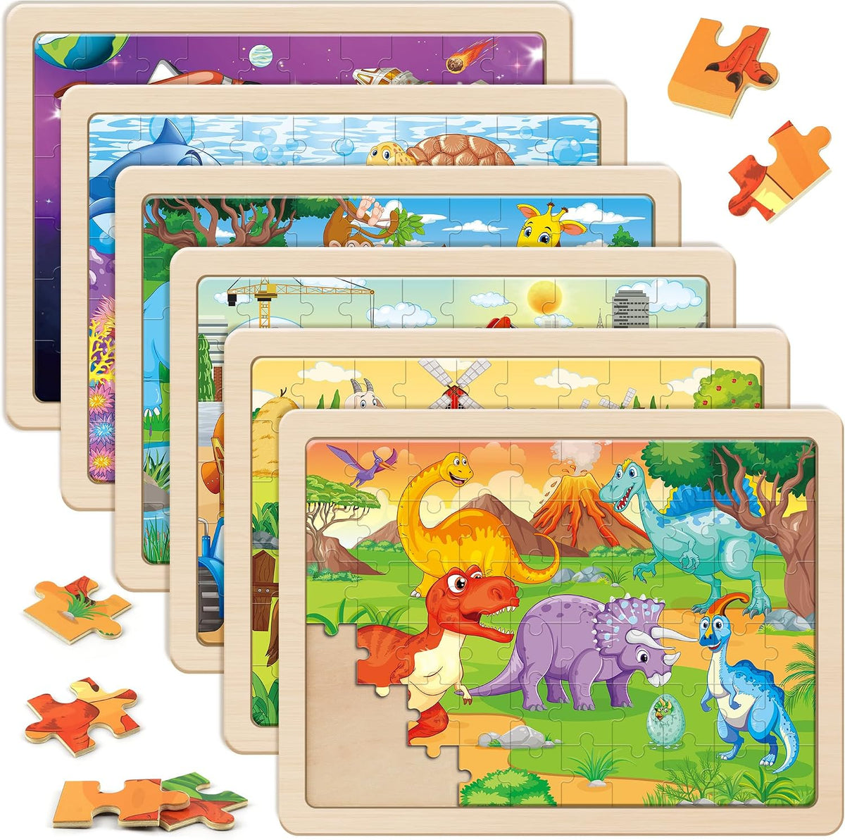 SYNARRY 6-Pack Large Wooden Jigsaw Puzzles for Kids Ages 4-6