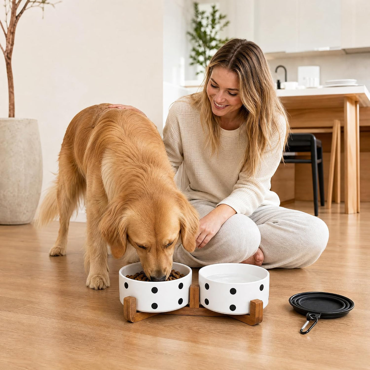 Ceramic Cat Dog Bowl Set with Stand - Black Dot / 850ML*2 - image 2