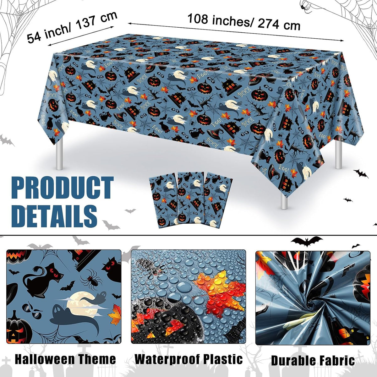 Newwiee 3 pack Halloween plastic tablecloths with candy corn print, 108 x 54 inches - view 38