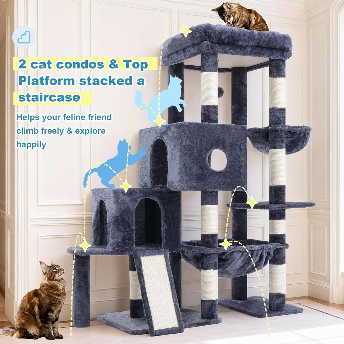 Hey-brother Cat Tree Tower with 3 Condos - 50 inches / Smoky Gray - image 3