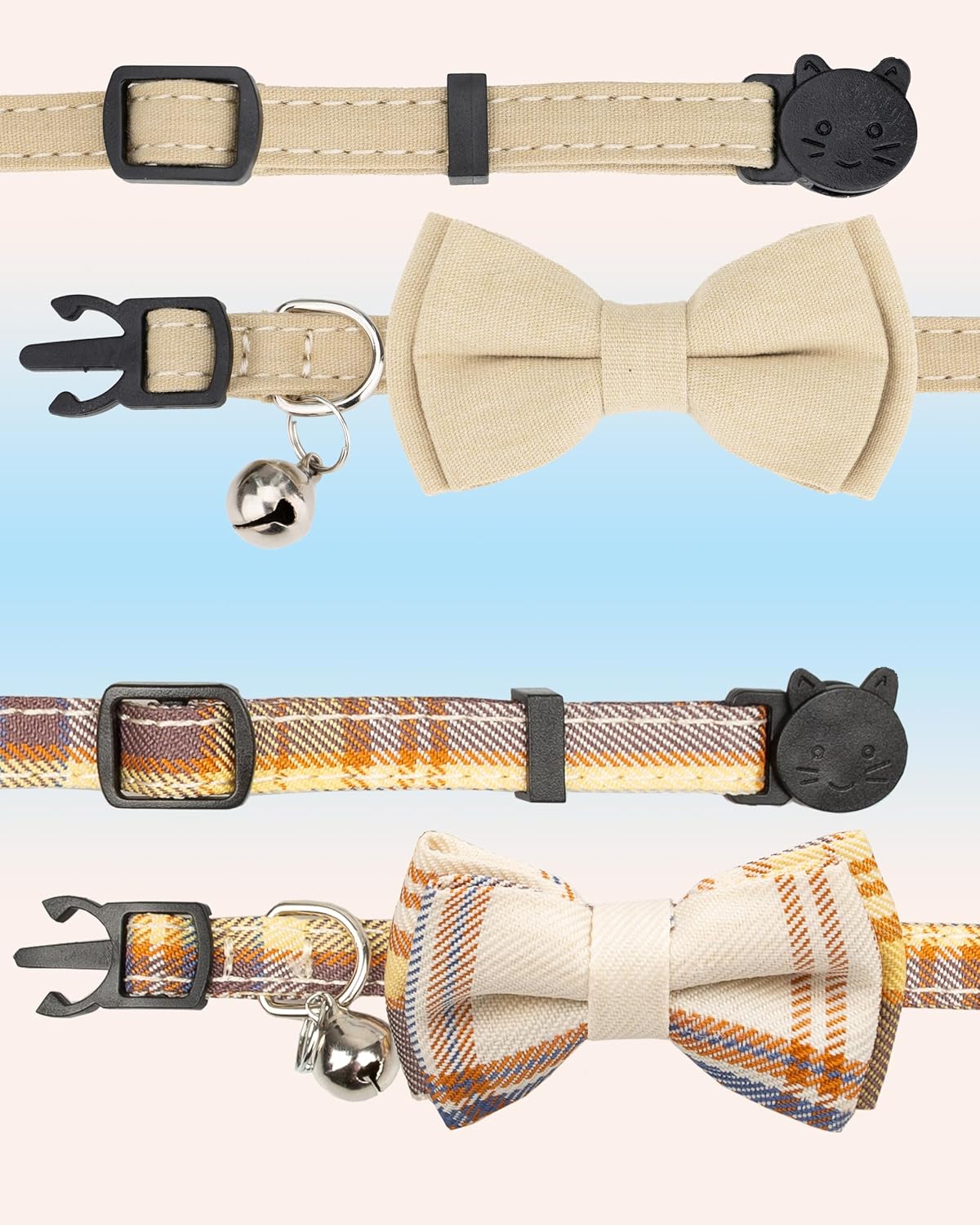 Cat Collar Breakaway Bowtie Safety with Bell Adjustbale Kitten Puppy - D-[2pcs] Beige - image 2