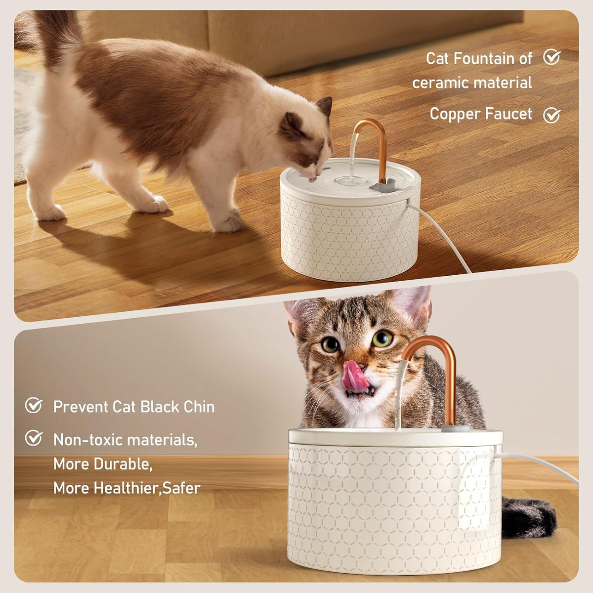 Ceramic Cat Water Fountain, All-Ceramic Body, Pure Copper Spout – Essentials for Cats - Honeycomb Embossed Cat Fountain + 3 Filters + 3 Sponges - image 4