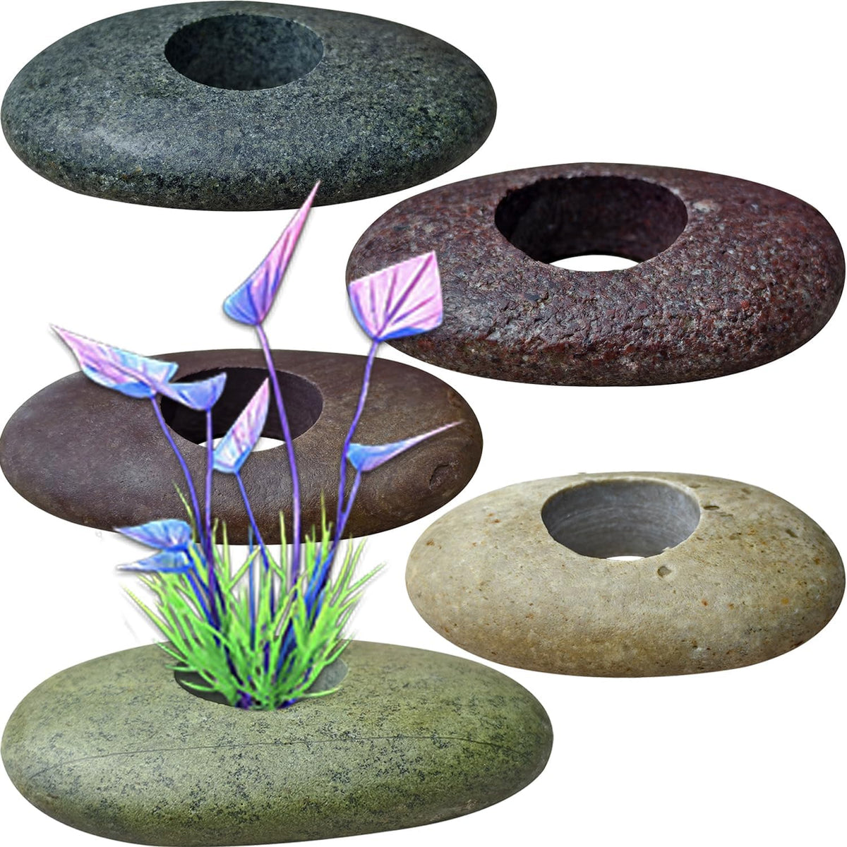 Natural River Stone Plant Weights for Aquarium - Large 1.2″ Hole 5pcs