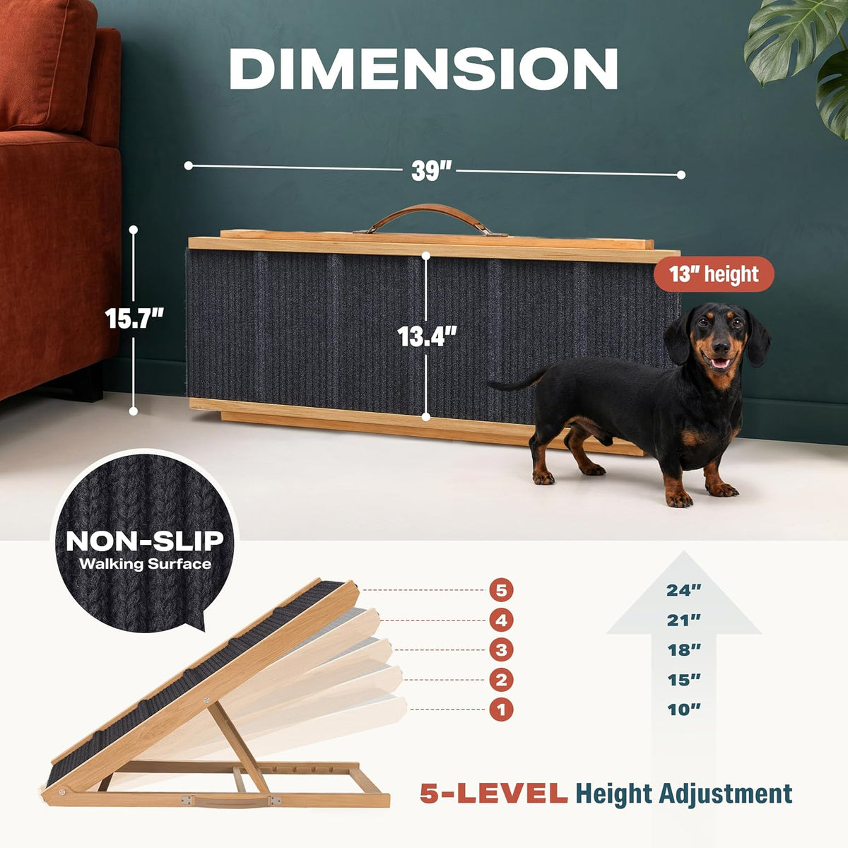 Adjustable Dog Ramp for Bed, Wooden Dog Ramp for Couch - Light Brown / 39" Long x 13.4" Walking Space - image 2