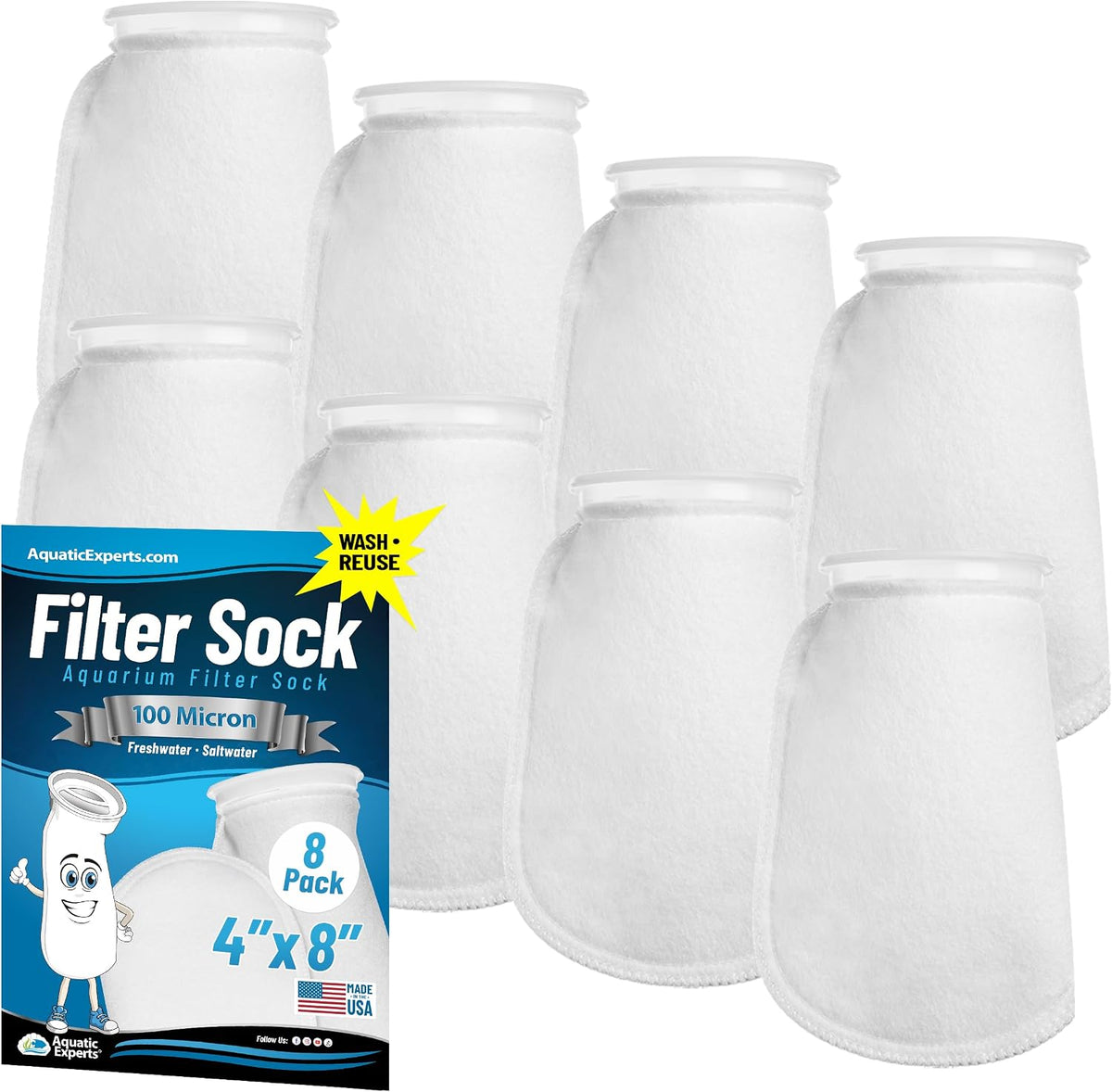 Aquatic Experts Felt Filter Socks - 100 Micron – 4" Ring – 4" x 8" / 8 Pack