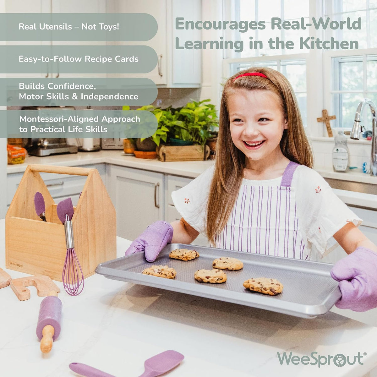 WeeSprout kids baking set in green with apron, oven mitts, rolling pin and cookie cutters - view 15