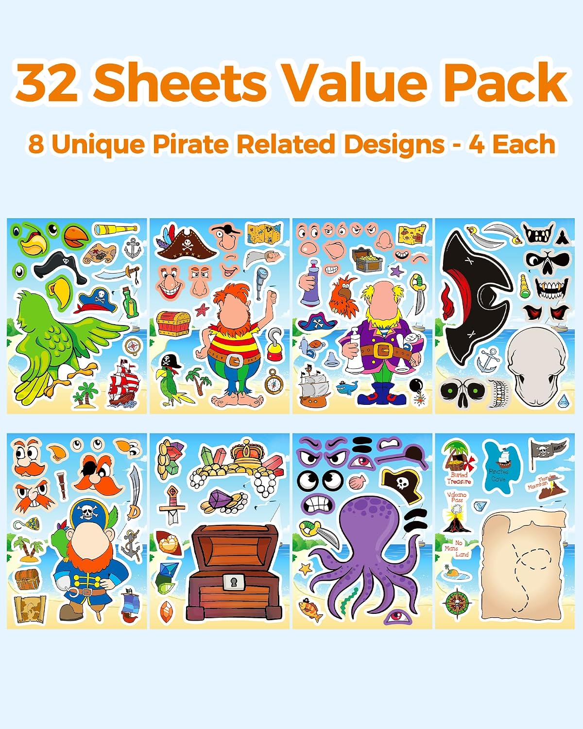 30 Unicorn Make-a-Face Sticker Sheets for Kids – Fun for Kids & Family - Pirate - image 3