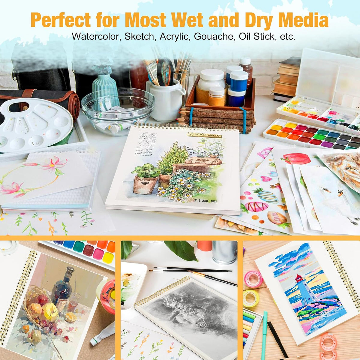Watercolor Paper Pad, 5.5"x8.5”, Spiral, Bound with Tear - Teal / 9" x 12" Spiral Bound - image 3