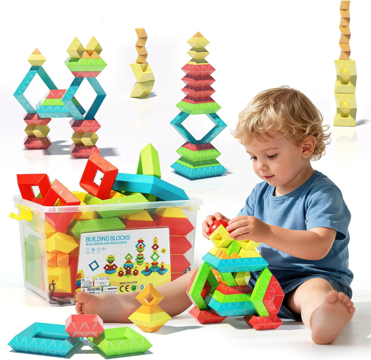 Ggiibro sorting stacking toys, 40 colorful pyramid blocks with storage box - view 3