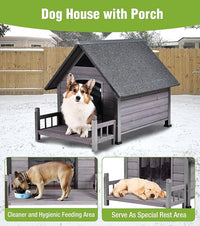 GUTINNEEN Insulated Dog House Outdoor, Waterproof Dog Kennel with Anti-Bite Design, Asphalt Roof, Elevated Base, PVC Curtain, for Small to Medium Dogs - Grey