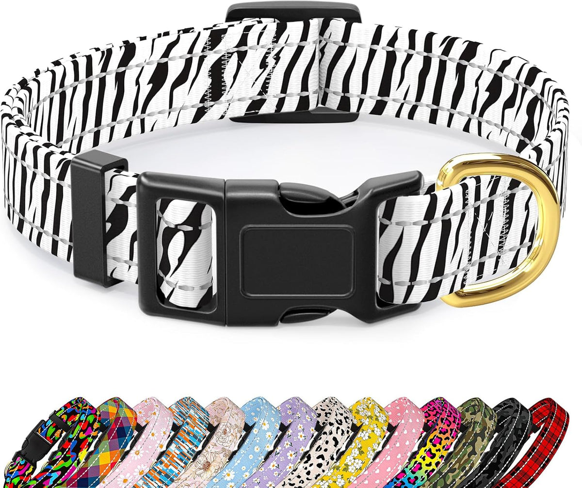 Reflective Adjustable Dog Collar for Medium Dogs, Leopard Neon - Stylish Zebra Print / M (Neck 14-20", Width 1")