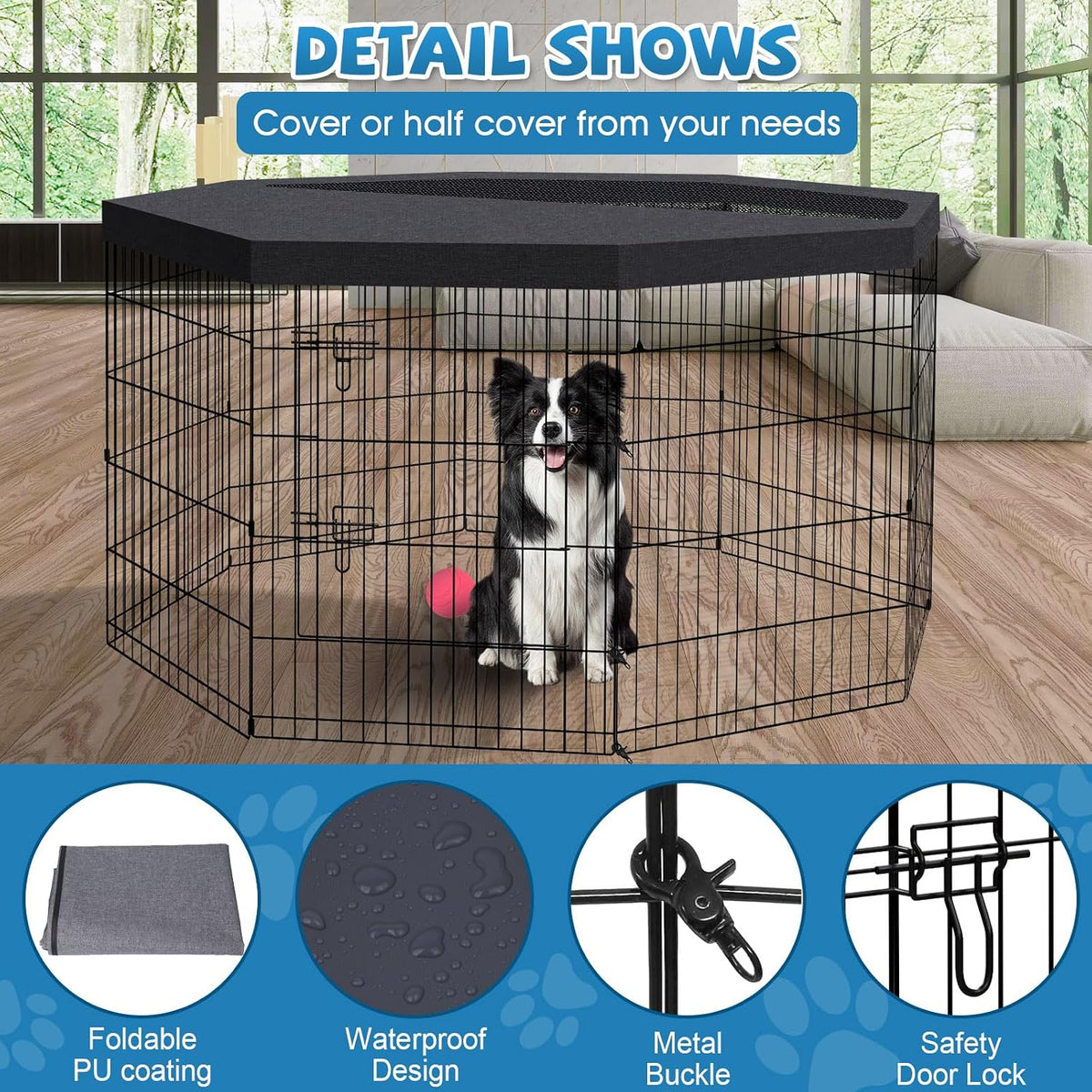 PEEKABOO Foldable Rustproof Dog Playpen with Door, 8 Panels 24"H – Essentials for Dogs - 8 Panels 30"H x 24"W Playpen+Top Cover - image 3