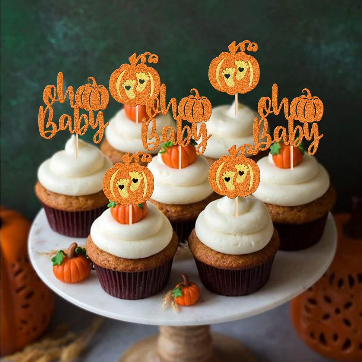 24 PCS Pumpkin Oh Baby Cupcake Toppers Glitter Fall Theme pumpkin - Design 11 Orange - image 4